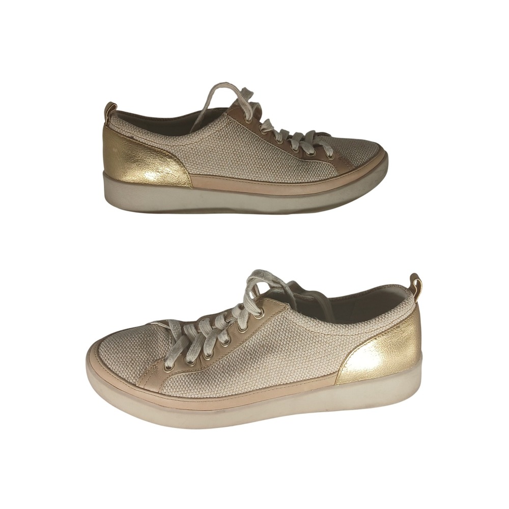 Vionic Winny‎ Sneakers 9 Cream Tan Metallic Gold Leather Trim Orthotic Casual